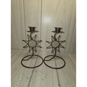 Vintage 90s Celestial Sun Glass Metal Candle Holders Boho Mystical Decor 7"
